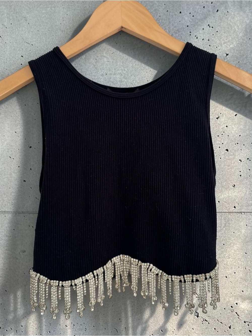 Black Beaded Fringe Ribbed Tank Top